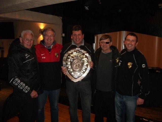 Tadcaster Magnets officials holding the League
3 Champions Shield which was presented to them by the League President Bryan
Shearer on Wednesday 18th April 2012